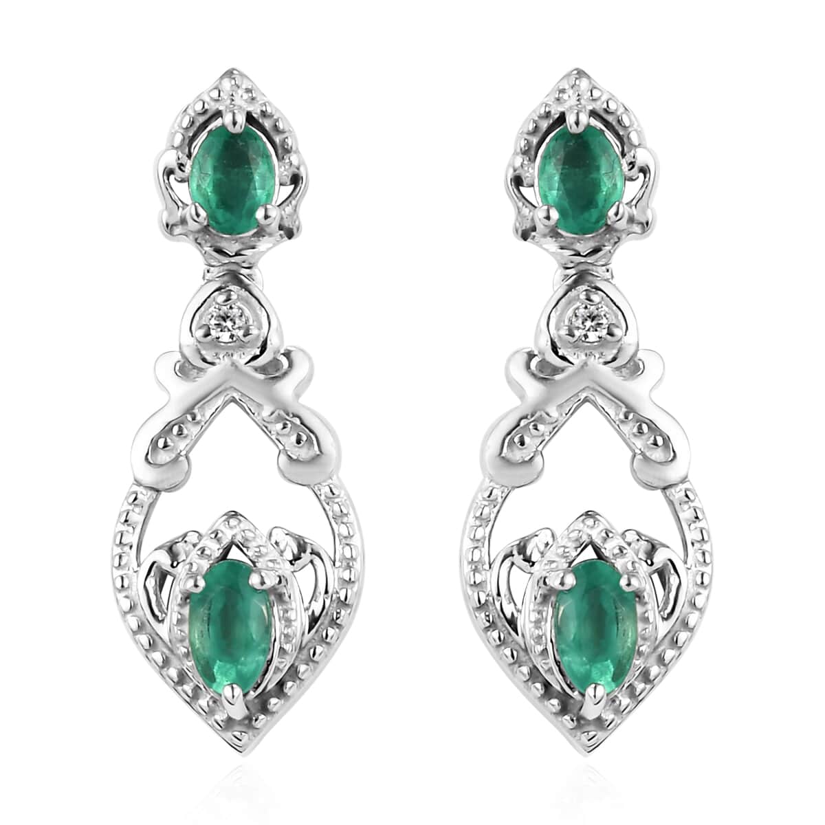 AAA Kagem Zambian Emerald and Natural White Zircon Dangling Earrings in Platinum Over Sterling Silver 0.80 ctw image number 0