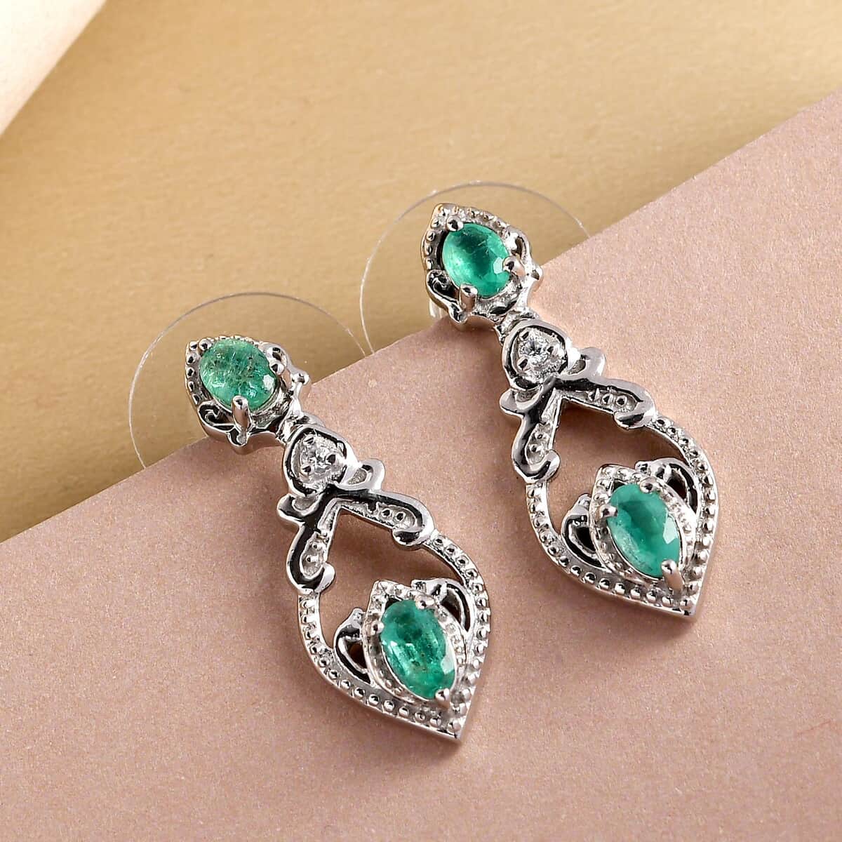 AAA Kagem Zambian Emerald and Natural White Zircon Dangling Earrings in Platinum Over Sterling Silver 0.80 ctw image number 1