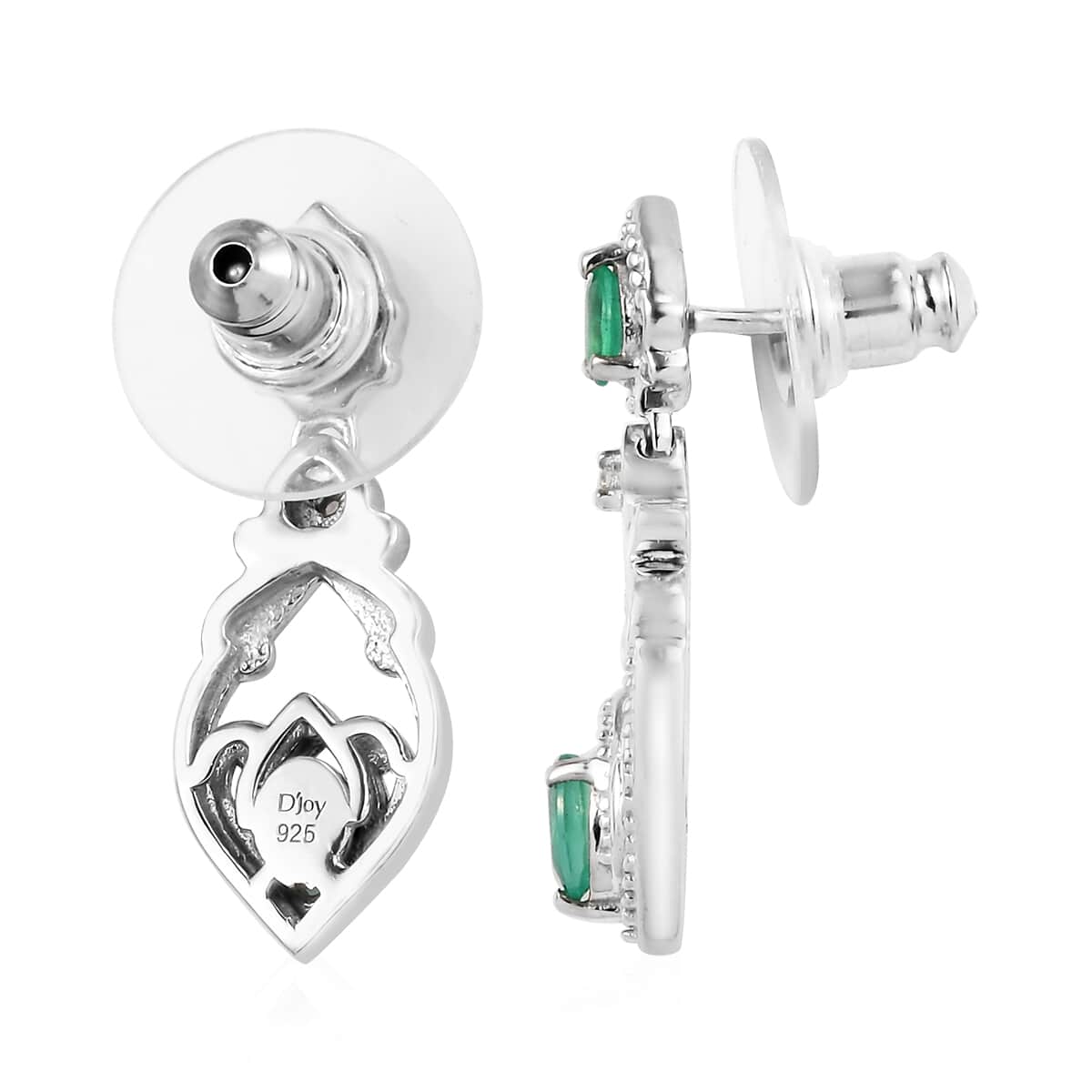 AAA Kagem Zambian Emerald and Natural White Zircon Dangling Earrings in Platinum Over Sterling Silver 0.80 ctw image number 3