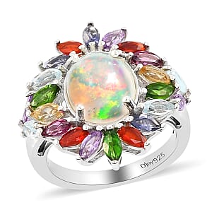 Premium Ethiopian Welo Opal and Multi Gemstone Floral Ring in Platinum Over Sterling Silver (Size 5.0) 3.40 ctw