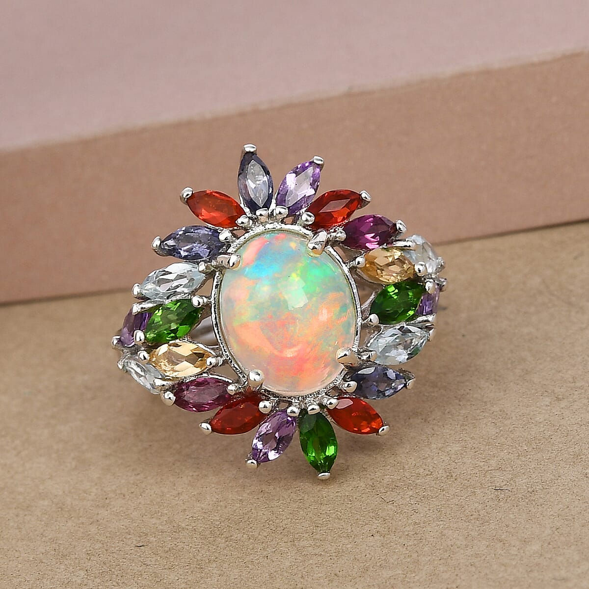 Premium Ethiopian Welo Opal and Multi Gemstone Floral Ring in Platinum Over Sterling Silver (Size 8.0) 3.40 ctw image number 1
