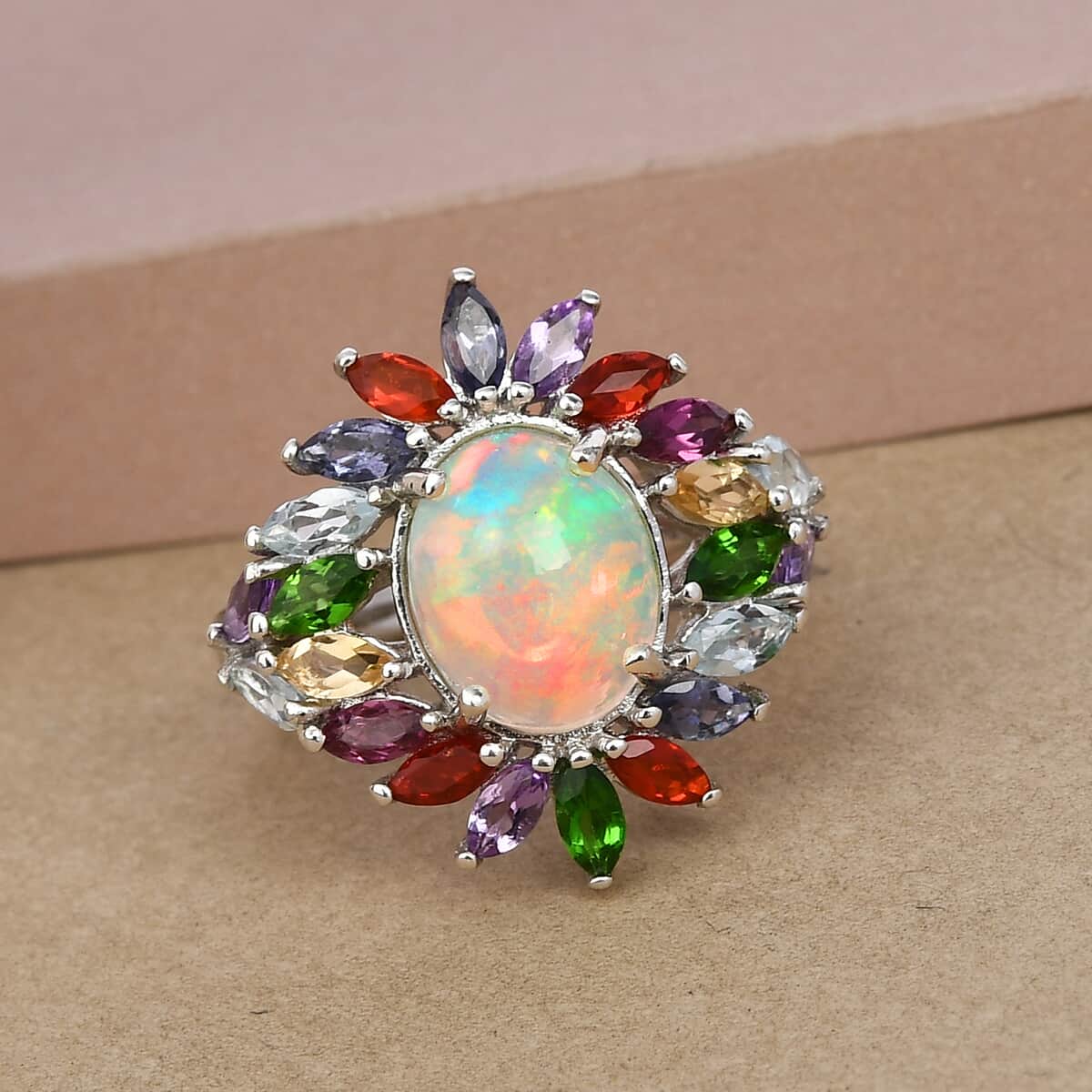 Premium Ethiopian Welo Opal and Multi Gemstone Floral Ring in Platinum Over Sterling Silver (Size 9.0) 3.40 ctw image number 1