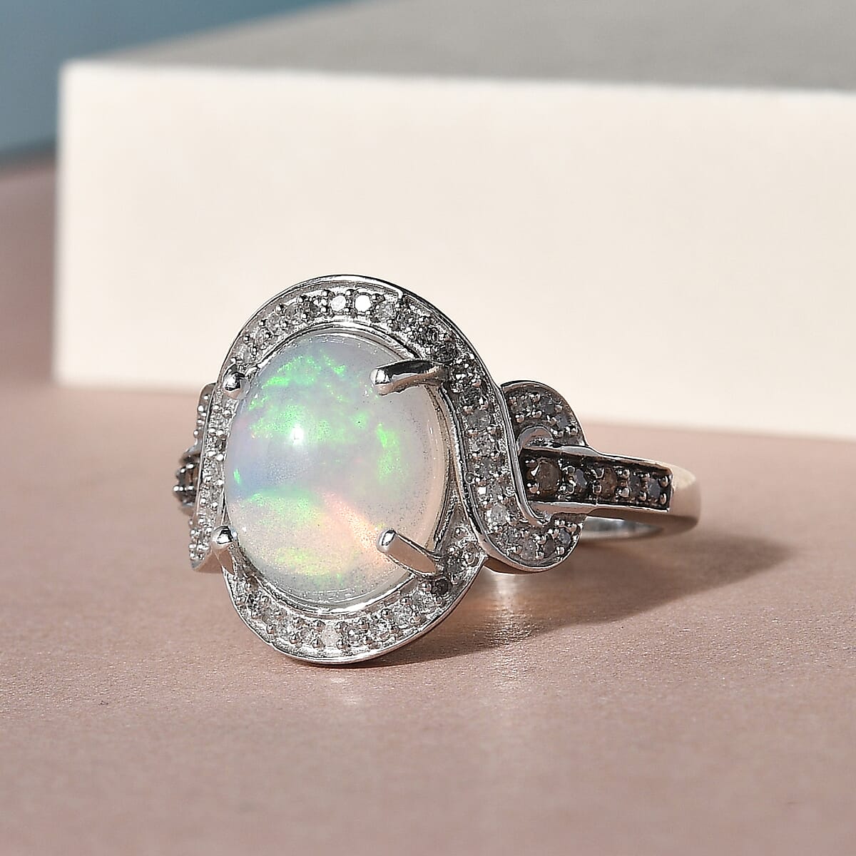 Premium Ethiopian Welo Opal, Natural Champagne and White Diamond Ring in Platinum Over Sterling Silver (Size 7.0) 2.40 ctw image number 1