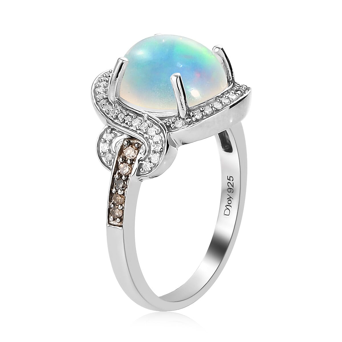 Premium Ethiopian Welo Opal, Natural Champagne and White Diamond Ring in Platinum Over Sterling Silver (Size 7.0) 2.40 ctw image number 3
