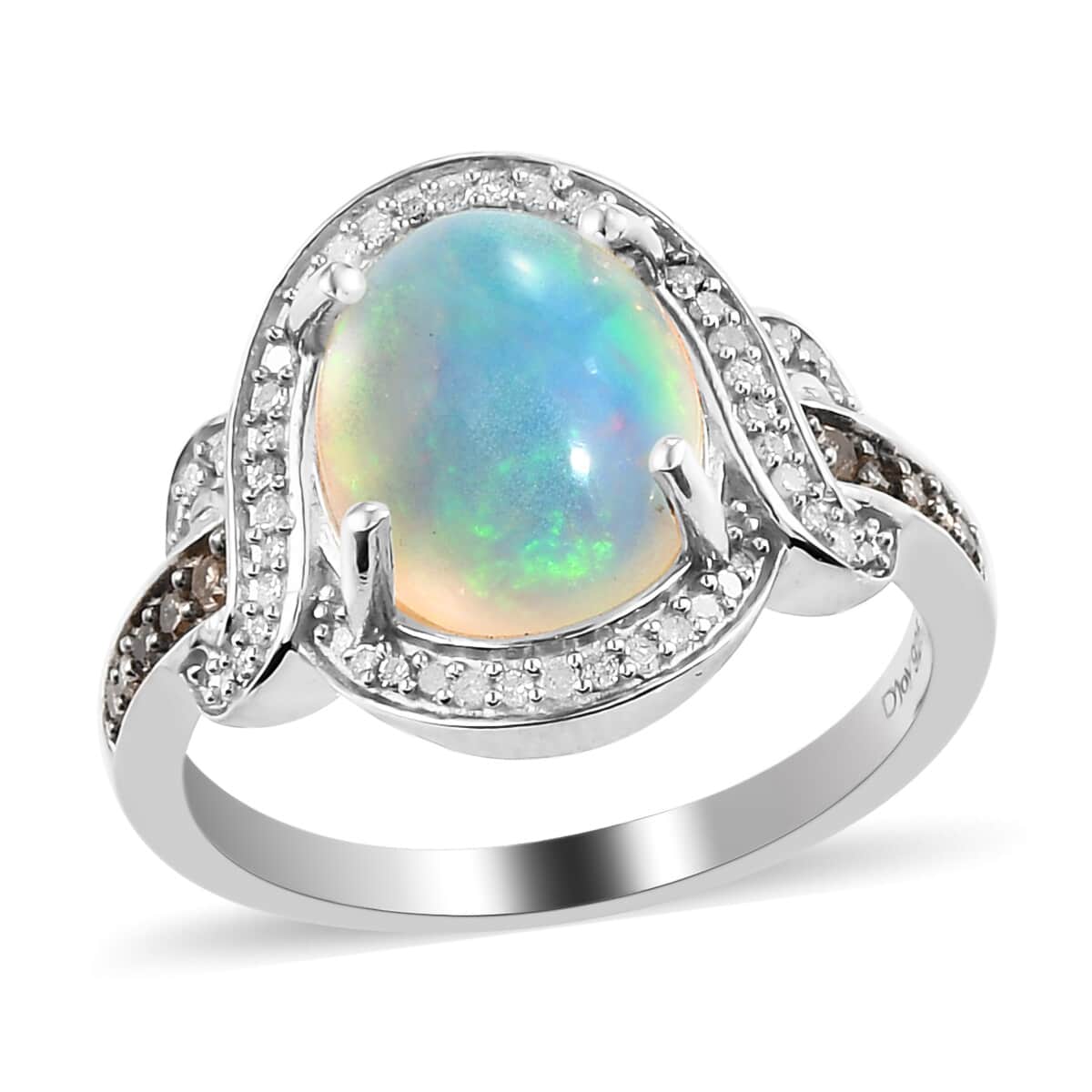 Premium Ethiopian Welo Opal, Natural Champagne and White Diamond Ring in Platinum Over Sterling Silver (Size 9.0) 2.40 ctw image number 0
