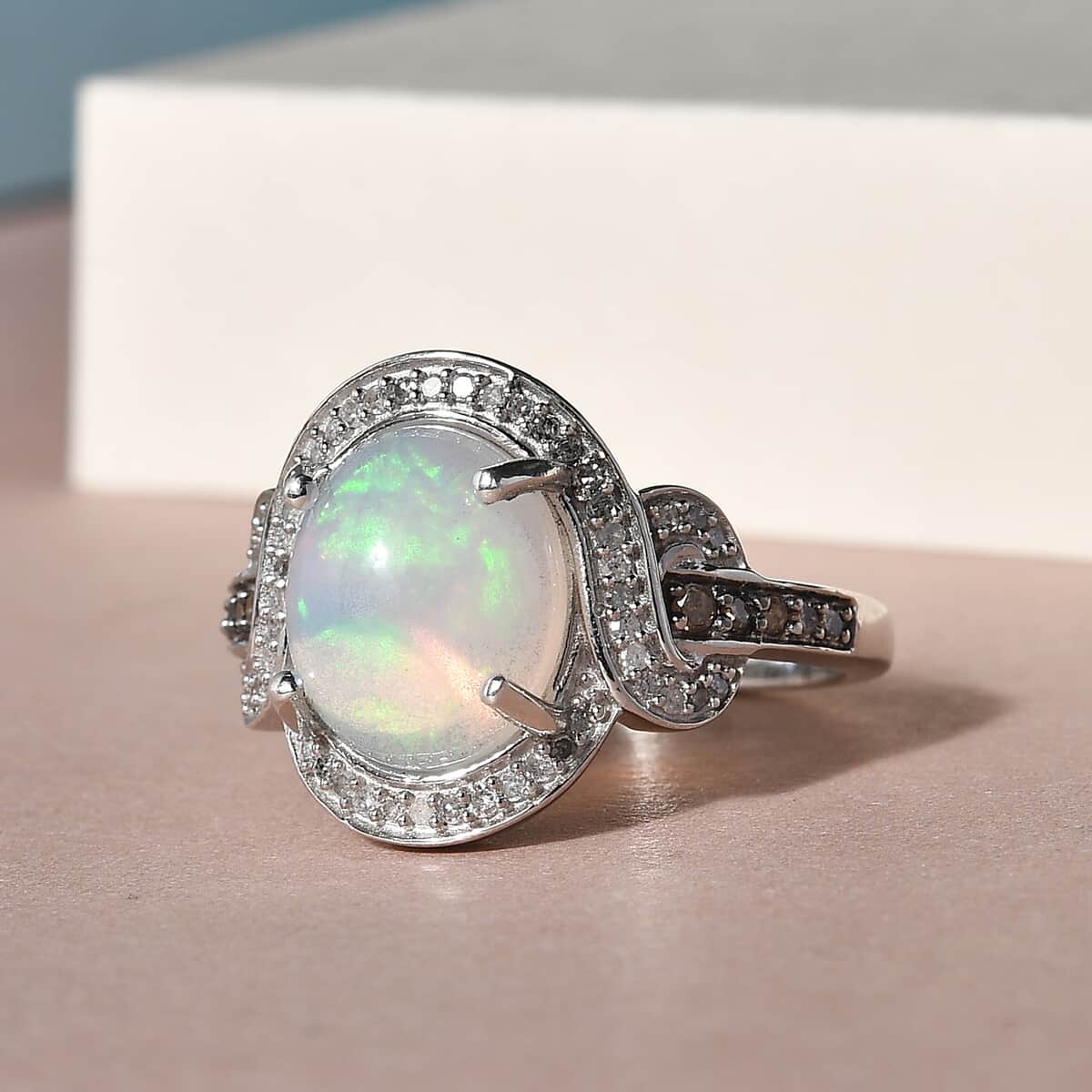 Premium Ethiopian Welo Opal, Natural Champagne and White Diamond Ring in Platinum Over Sterling Silver (Size 9.0) 2.40 ctw image number 1