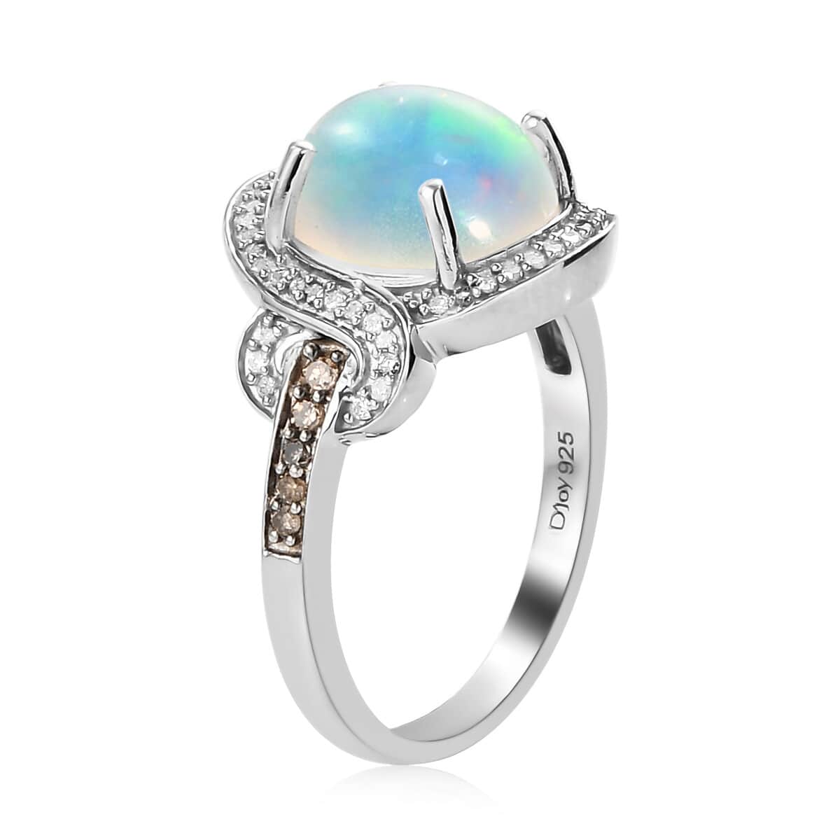 Premium Ethiopian Welo Opal, Natural Champagne and White Diamond Ring in Platinum Over Sterling Silver (Size 9.0) 2.40 ctw image number 3