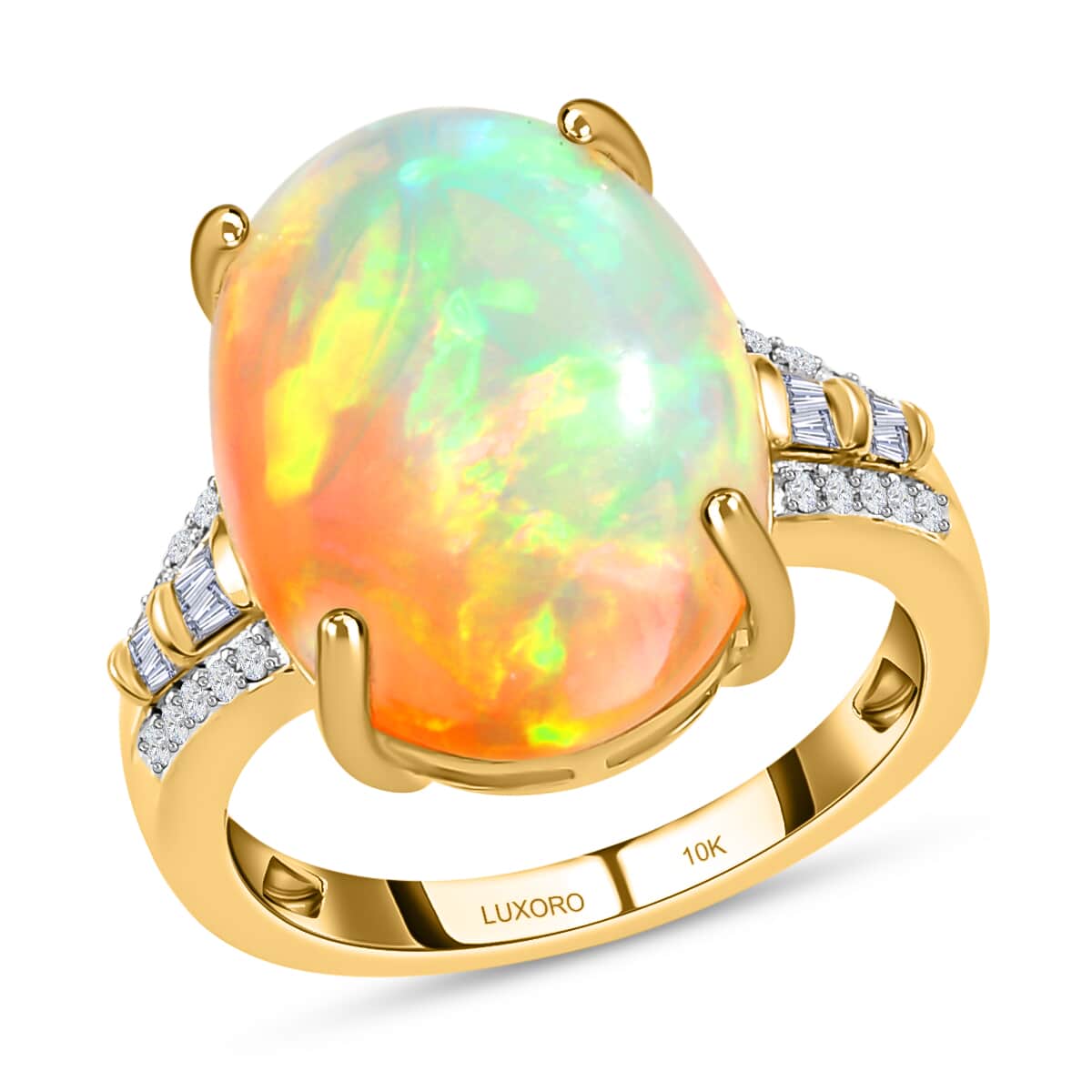 LUXORO 10K Yellow Gold AAA Ethiopian Welo Opal and G-H I3 Diamond Ring (Size 7.0) 3.65 Grams 8.25 ctw image number 0