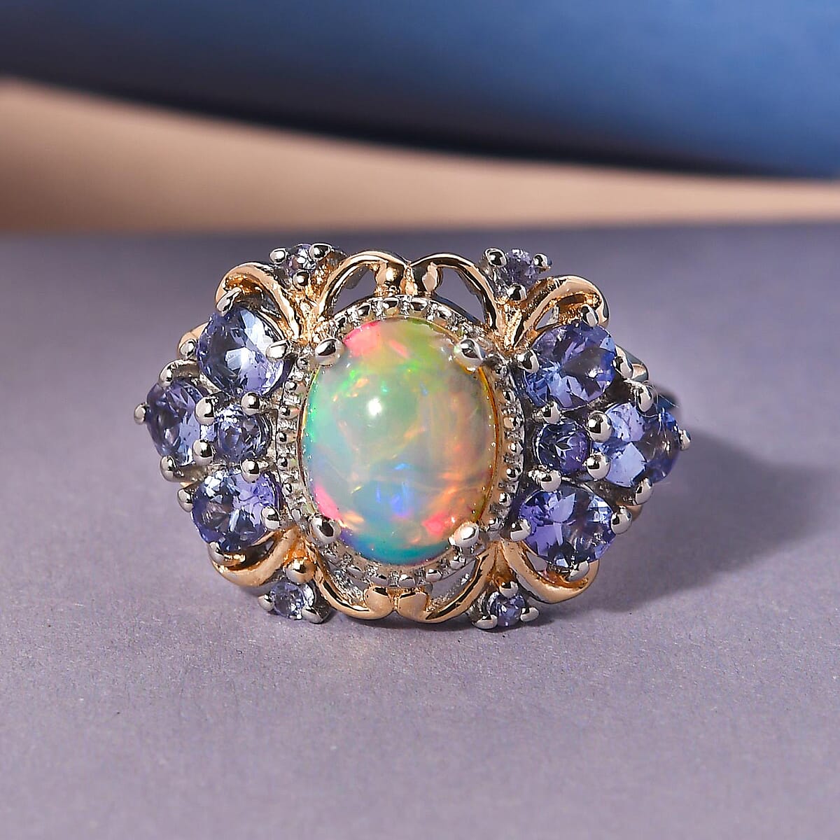Premium Ethiopian Welo Opal and Tanzanite Ring in Vermeil Yellow Gold and Platinum Over Sterling Silver (Size 6.0) 2.15 ctw image number 1