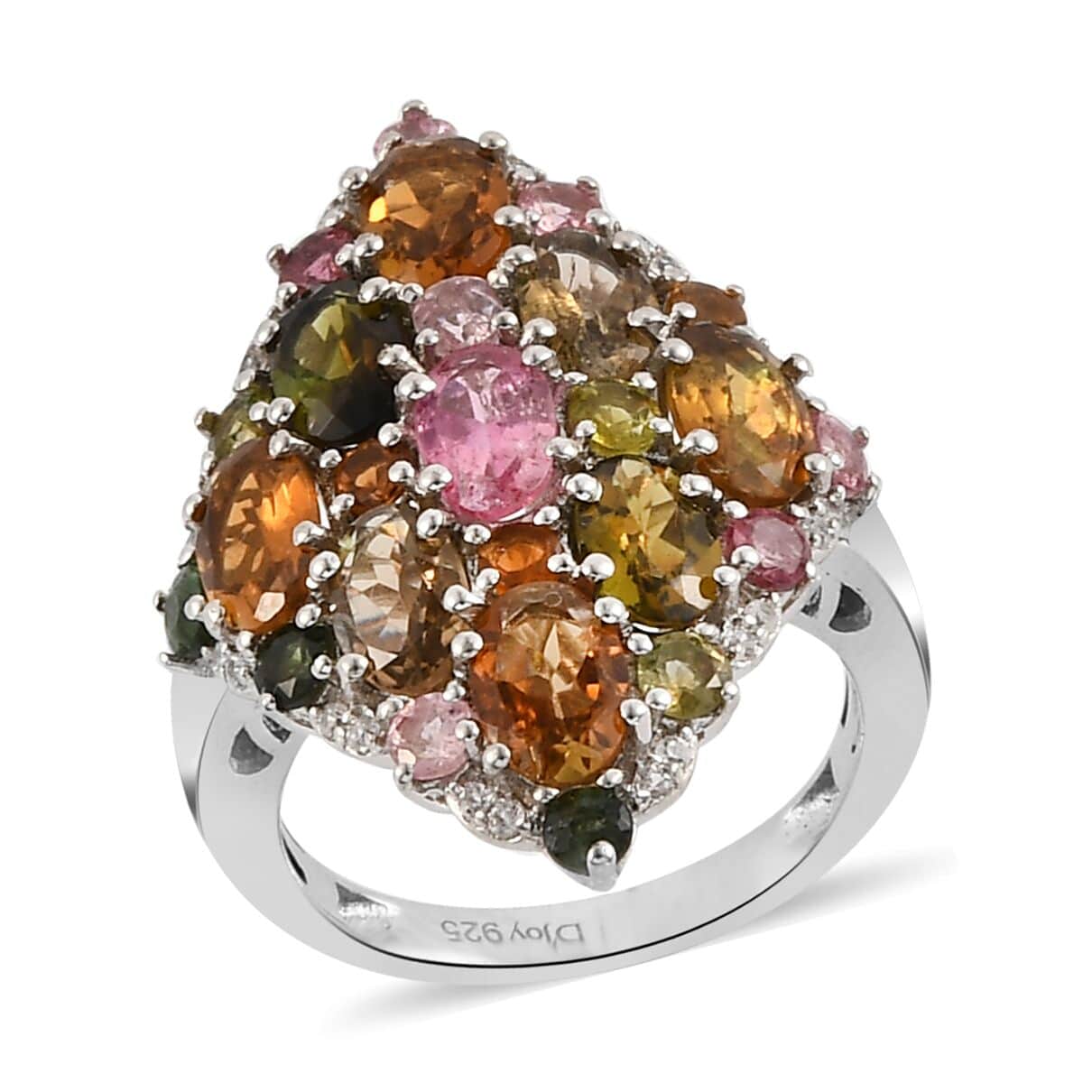 Multi-Tourmaline, Natural White Zircon Cluster Ring in Platinum Over Sterling Silver (Size 6.0) 5.00 ctw image number 0