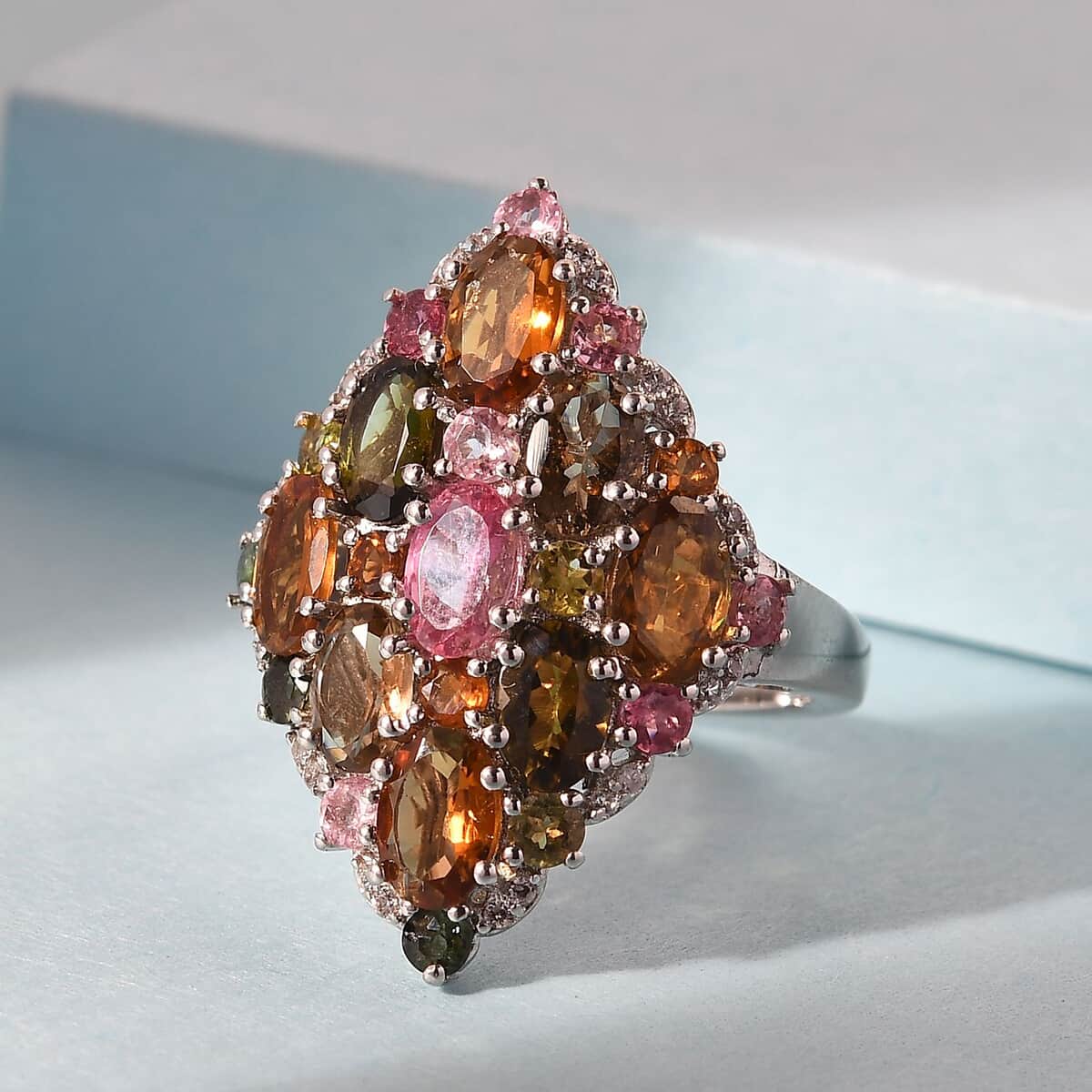 Multi-Tourmaline and Natural White Zircon Cluster Ring in Platinum Over Sterling Silver (Size 6.0) 5.00 ctw image number 1