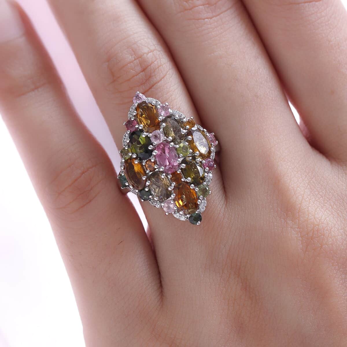 Multi-Tourmaline, Natural White Zircon Cluster Ring in Platinum Over Sterling Silver (Size 6.0) 5.00 ctw image number 2