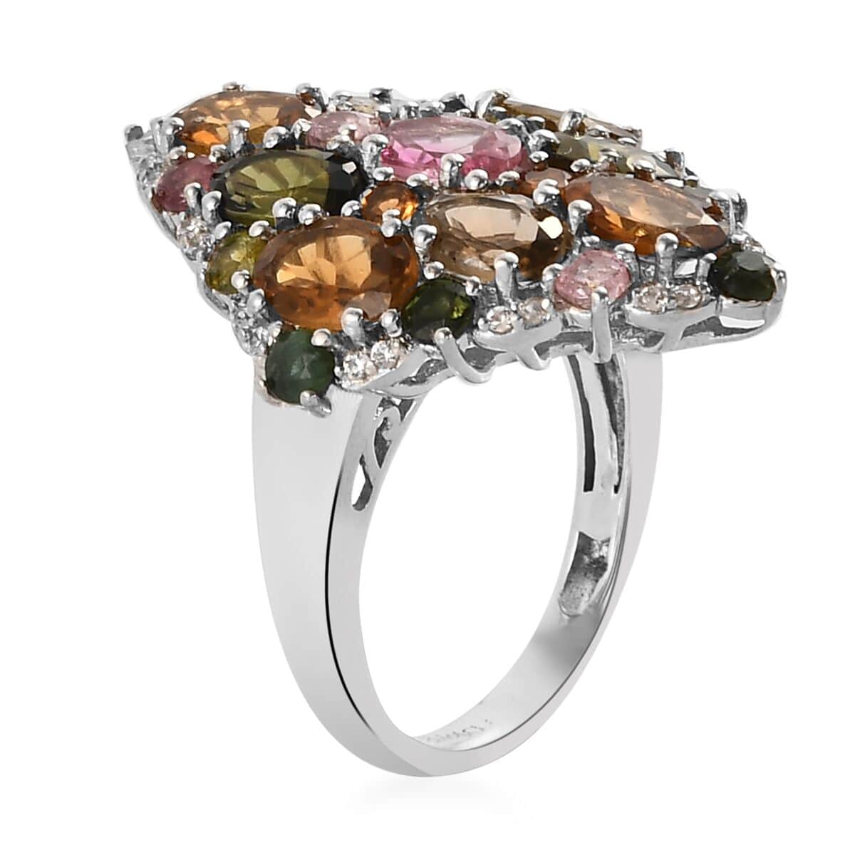 Multi-Tourmaline and Natural White Zircon Cluster Ring in Platinum Over Sterling Silver (Size 6.0) 5.00 ctw image number 3