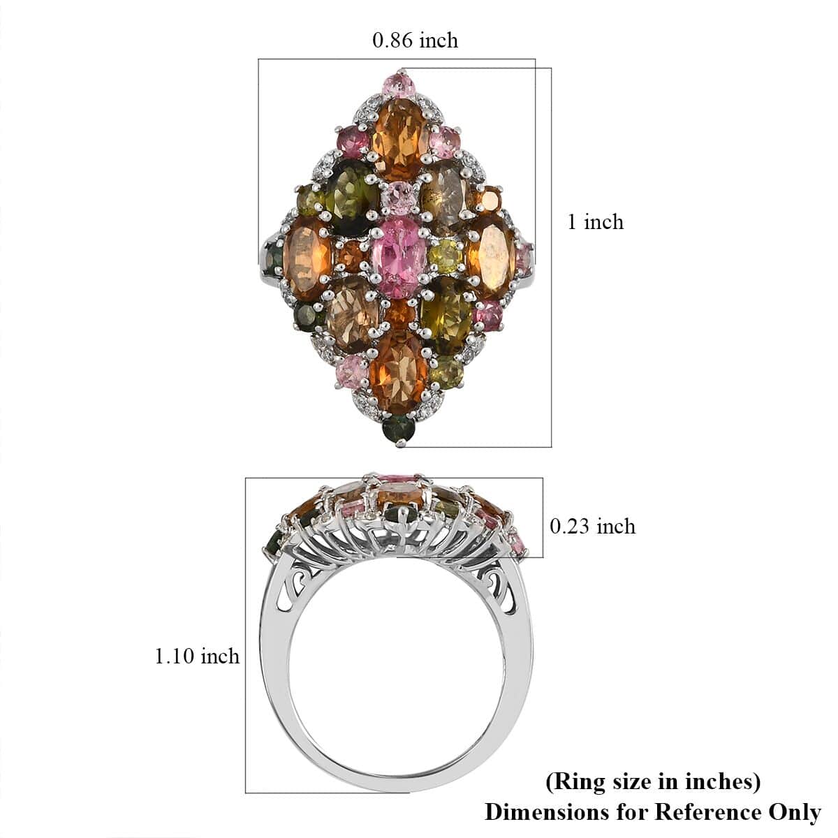 Multi-Tourmaline, Natural White Zircon Cluster Ring in Platinum Over Sterling Silver (Size 6.0) 5.00 ctw image number 5