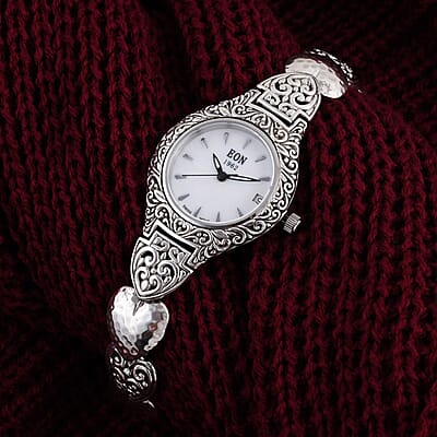 Bali Legacy Eon 1962 Swiss Movement Sterling Silver Heart Bracelet Watch (7.50-8.00 In) (26mm) 48.20 Grams