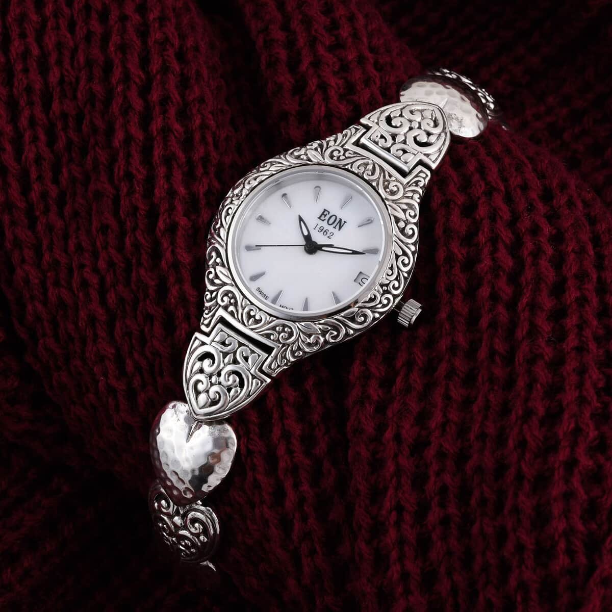 Bali Legacy Eon 1962 Swiss Movement Sterling Silver Heart Bracelet Watch (7.50-8.00 In) (26mm) 48.20 Grams image number 1