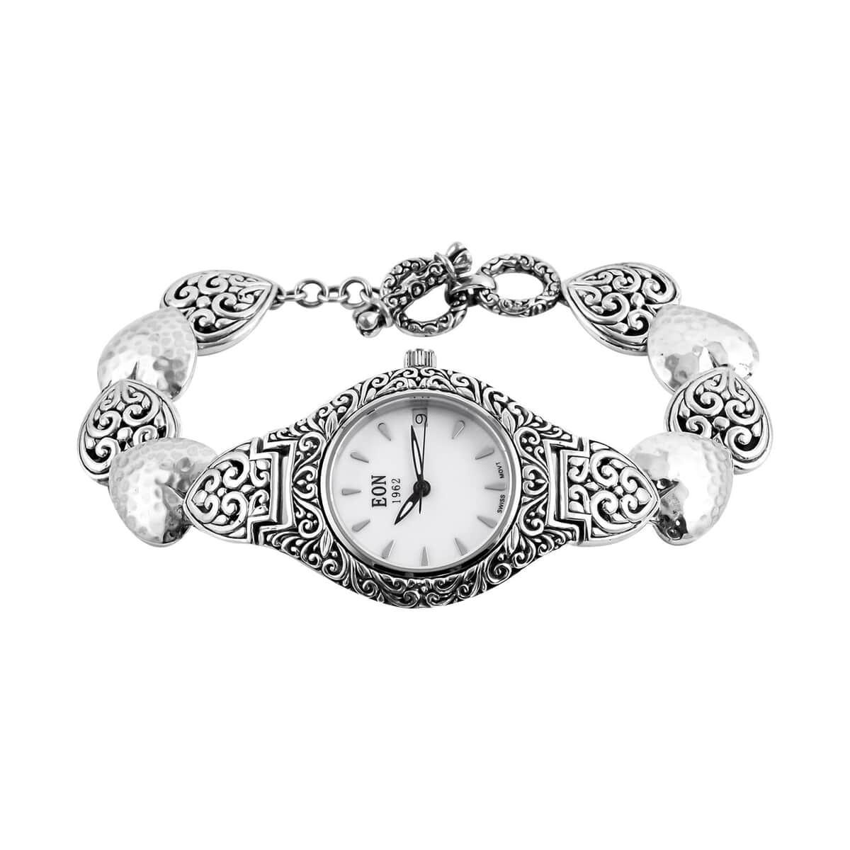 Bali Legacy Eon 1962 Swiss Movement Sterling Silver Heart Bracelet Watch (7.50-8.00 In) (26mm) 48.20 Grams image number 3