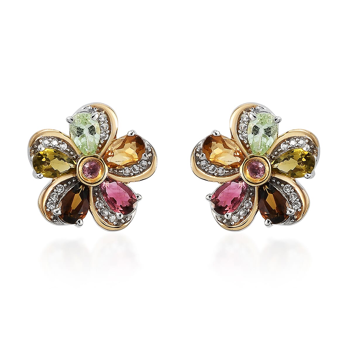 Multi-Tourmaline and Natural White Zircon Floral Earrings in Vermeil Yellow Gold and Platinum Over Sterling Silver 2.25 ctw