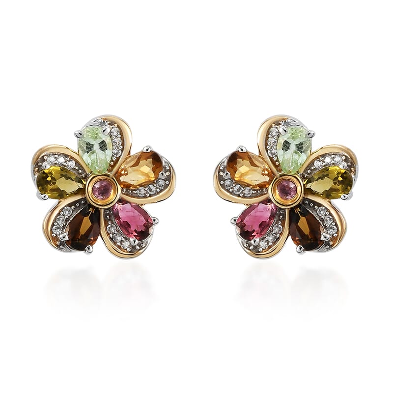 Multi-Tourmaline and Natural White Zircon Floral Earrings in Vermeil Yellow Gold and Platinum Over Sterling Silver 2.25 ctw