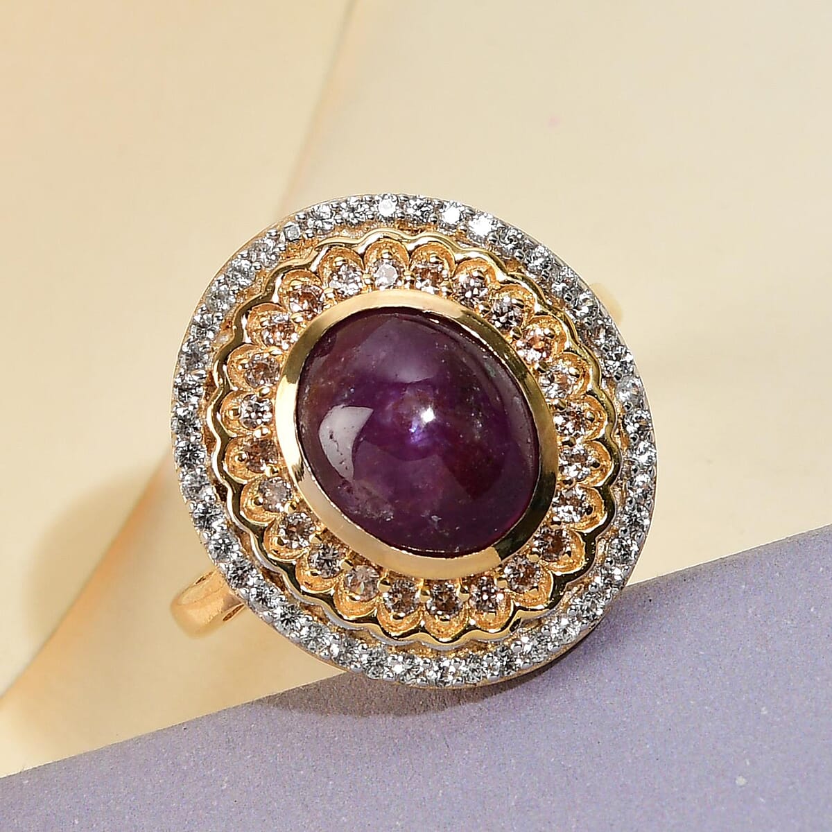 Indian Star Ruby and Natural White and Champagne Zircon Cocktail Ring in Vermeil Yellow Gold Over Sterling Silver (Size 9.0) 6.00 ctw image number 1
