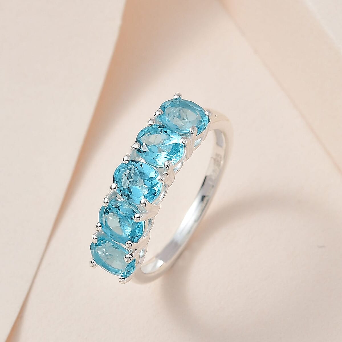 Premium Madagascar Paraiba Apatite 5 Stone Ring, Paraiba Apatite Ring, Sterling Silver Ring, Promise Ring For Her  2.00 ctw image number 1