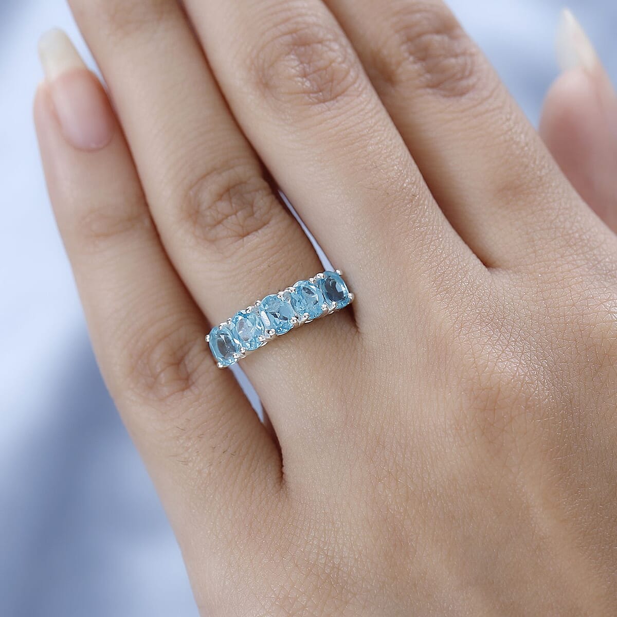 Premium Madagascar Paraiba Apatite 5 Stone Ring, Paraiba Apatite Ring, Sterling Silver Ring, Promise Ring For Her  2.00 ctw image number 2