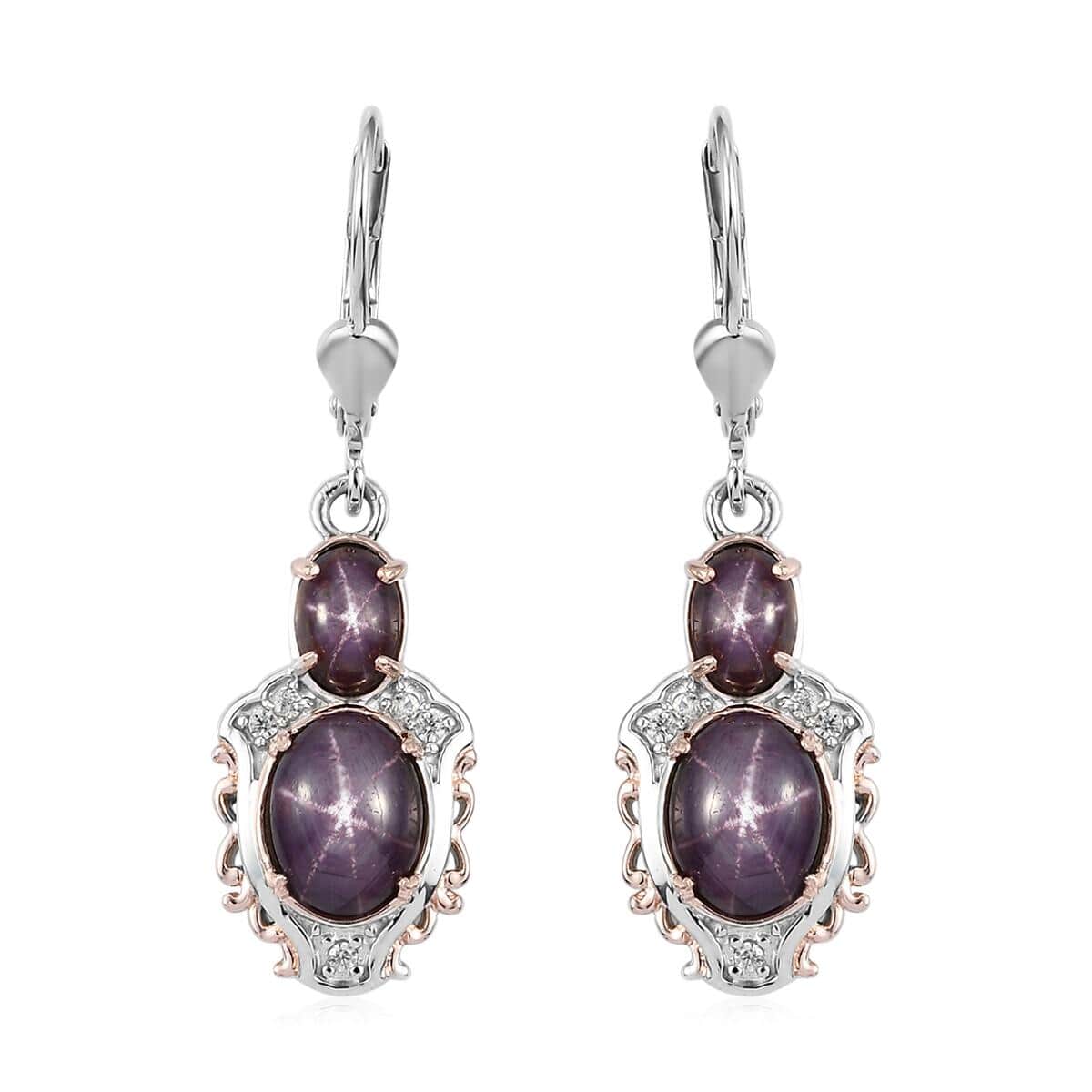 Indian Star Ruby and Natural White Zircon Lever Back Earrings in Vermeil Rose Gold and Platinum Over Sterling Silver 6.75 ctw image number 0