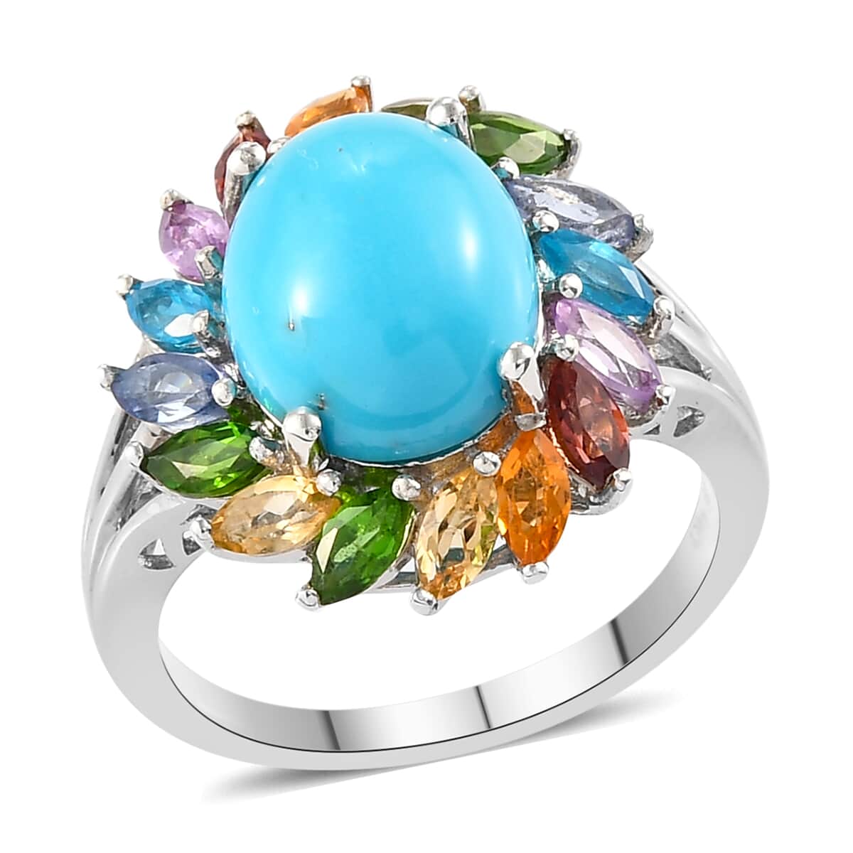 Sleeping Beauty Turquoise and Multi Gemstone Cocktail Ring in Platinum Over Sterling Silver (Size 10.0) 4.75 ctw image number 0