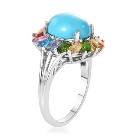 Sleeping Beauty Turquoise and Multi Gemstone Cocktail Ring in Platinum Over Sterling Silver (Size 10.0) 4.75 ctw image number 3