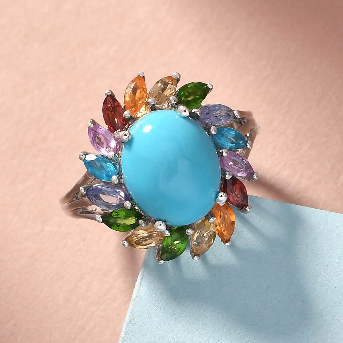 AMERICAN Natural Sleeping Beauty Turquoise and Multi Gemstone Ring in Platinum Over Sterling Silver (Size 7.0) 4.75 ctw image number 1