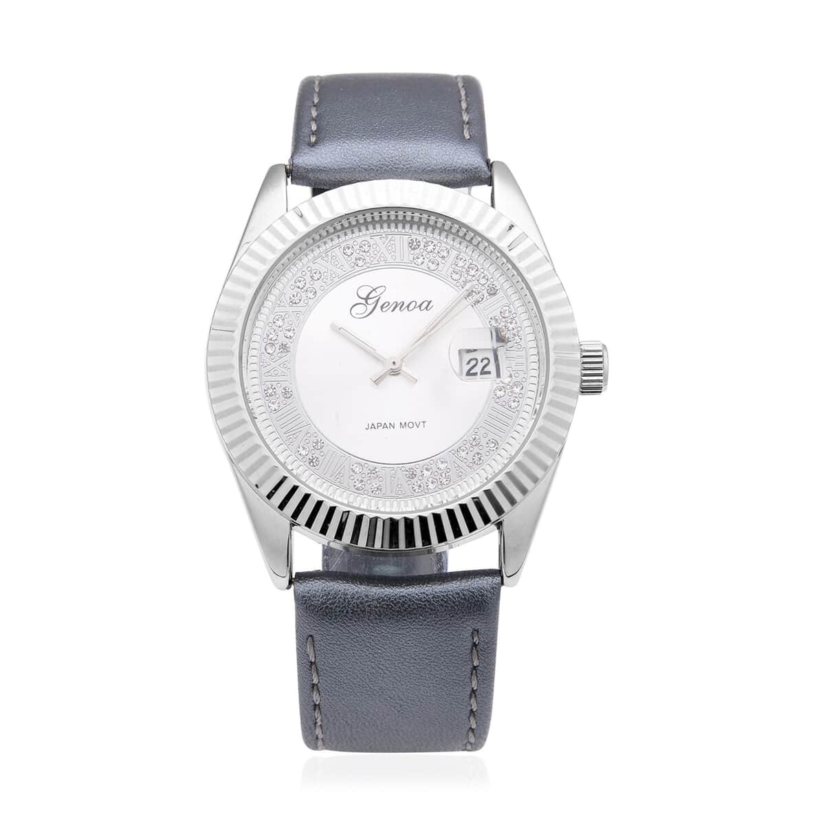 Genoa Simulated White Diamond Japanese Movement Watch with Gray Genuine Leather Strap (40mm) 0.30 ctw image number 0