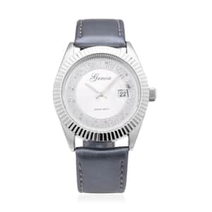 Genoa Simulated White Diamond Japanese Movement Watch with Gray Genuine Leather Strap (40mm) 0.30 ctw