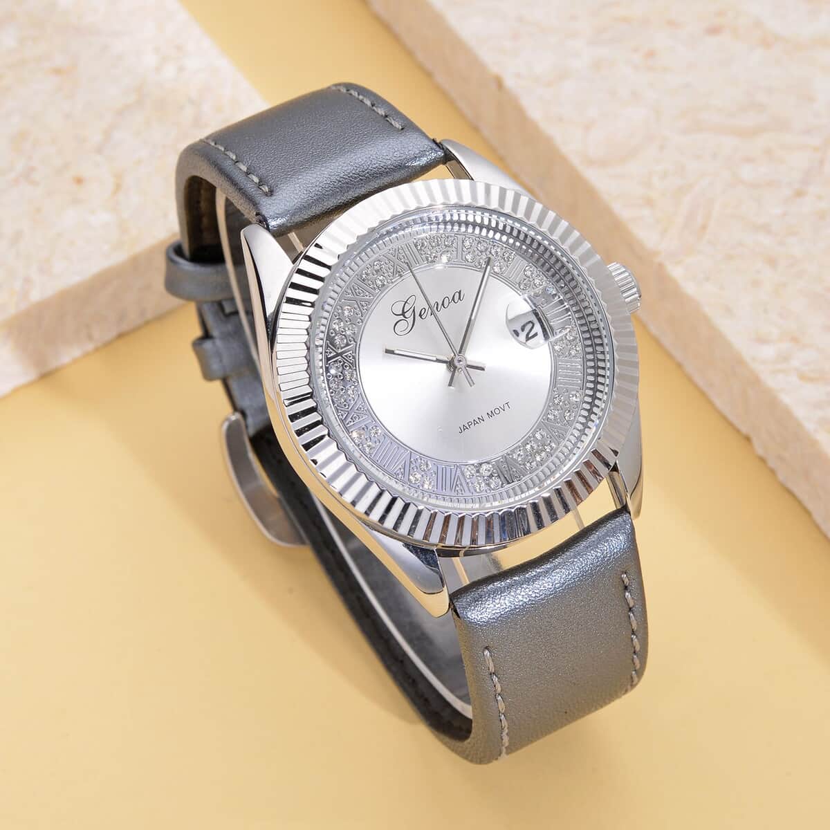 Genoa Simulated White Diamond Japanese Movement Watch with Gray Genuine Leather Strap (40mm) 0.30 ctw image number 1