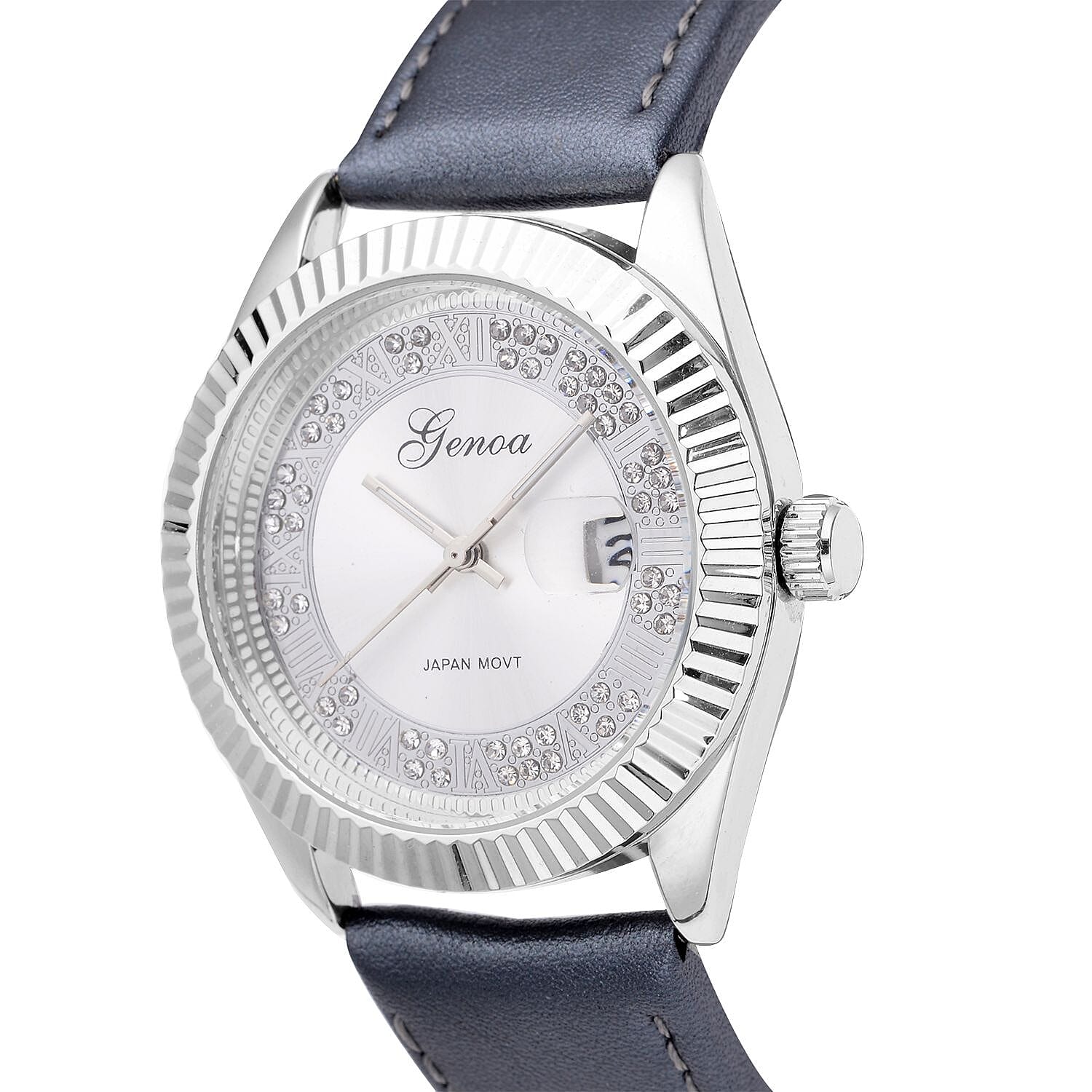 Genoa Simulated White Diamond Japanese Movement Watch with Gray Genuine Leather Strap (40mm) 0.30 ctw