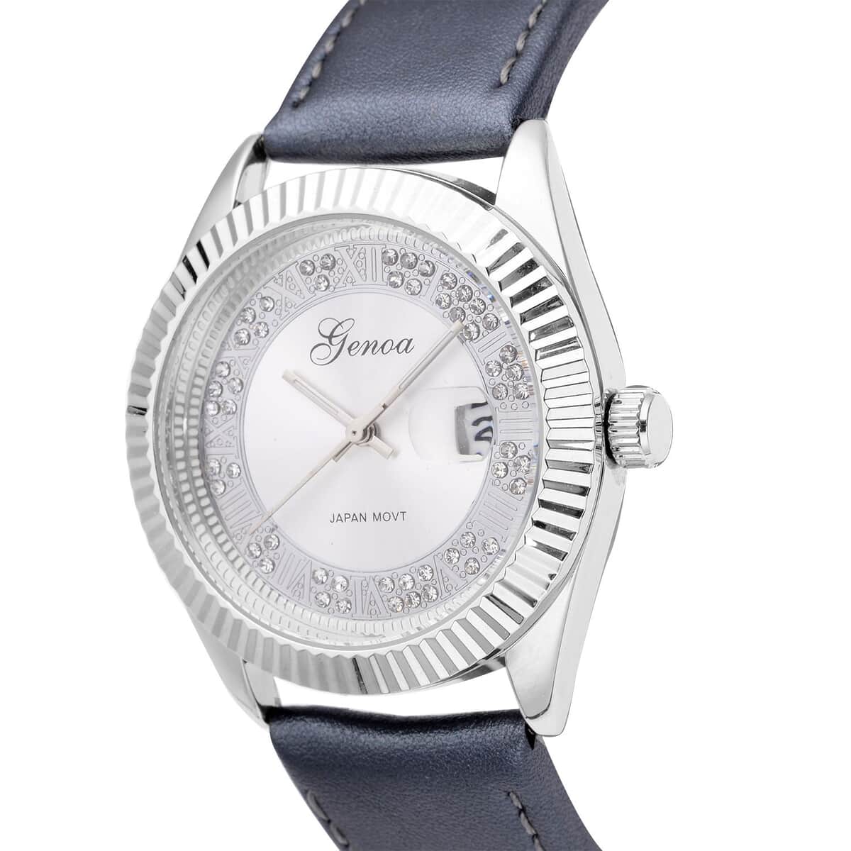 Genoa Simulated White Diamond Japanese Movement Watch with Gray Genuine Leather Strap (40mm) 0.30 ctw image number 3
