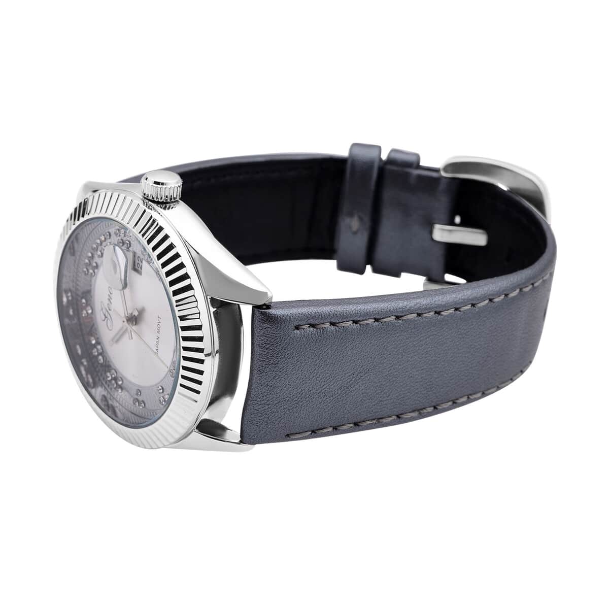 Genoa Simulated White Diamond Japanese Movement Watch with Gray Genuine Leather Strap (40mm) 0.30 ctw image number 4