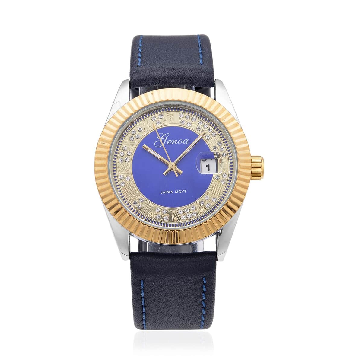 Genoa Simulated White Diamond Japanese Movement Watch with Navy Blue Genuine Leather Strap (40mm) 0.30 ctw image number 0