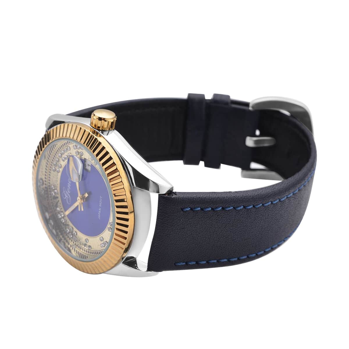 Genoa Simulated White Diamond Japanese Movement Watch with Navy Blue Genuine Leather Strap (40mm) 0.30 ctw image number 4