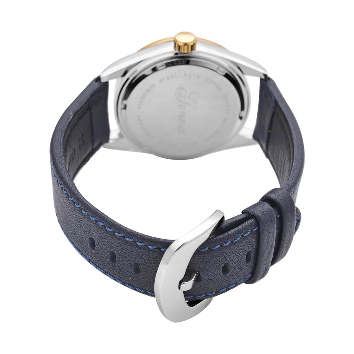 Genoa Simulated White Diamond Japanese Movement Watch with Navy Blue Genuine Leather Strap (40mm) 0.30 ctw image number 5