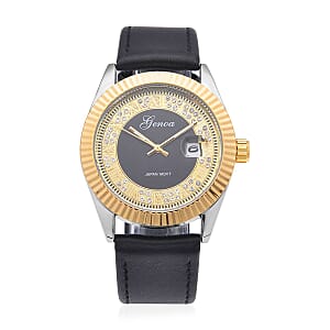 Genoa Simulated Diamond Japanese Movement Watch with Black Genuine Leather Strap (40mm) 0.30 ctw