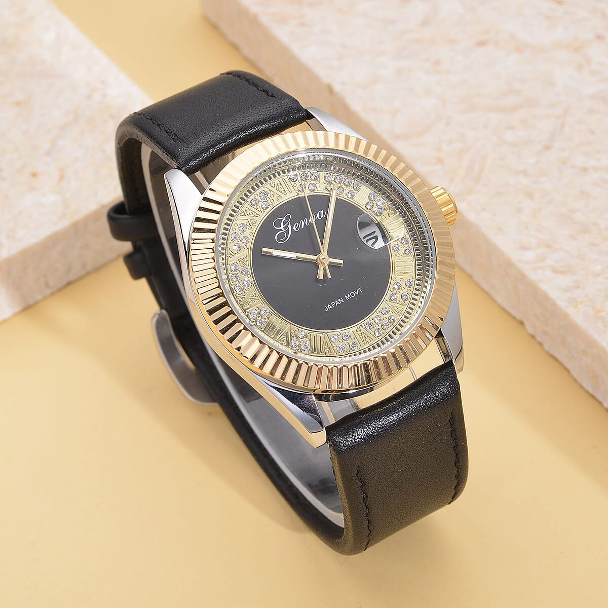 Genoa Simulated Diamond Japanese Movement Watch with Black Genuine Leather Strap (40mm) 0.30 ctw image number 1