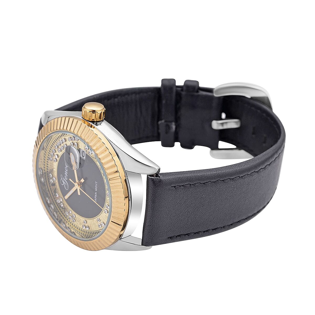 Genoa Simulated Diamond Japanese Movement Watch with Black Genuine Leather Strap (40mm) 0.30 ctw image number 4