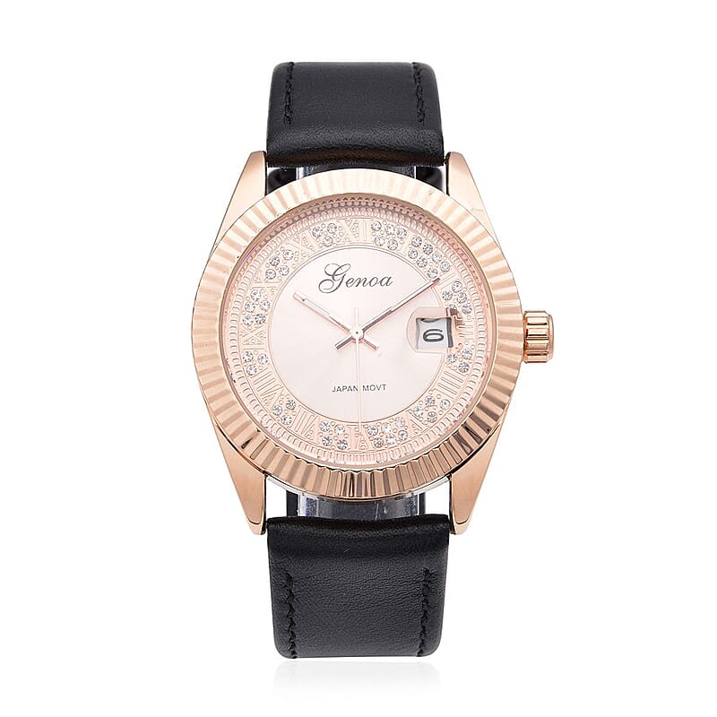 Genoa Simulated Diamond Japanese Movement Watch with Black Genuine Leather Strap (40mm) 0.30 ctw