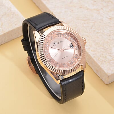 Genoa Simulated Diamond Japanese Movement Watch with Black Genuine Leather Strap (40mm) 0.30 ctw