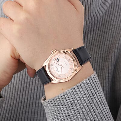 Genoa Simulated Diamond Japanese Movement Watch with Black Genuine Leather Strap (40mm) 0.30 ctw