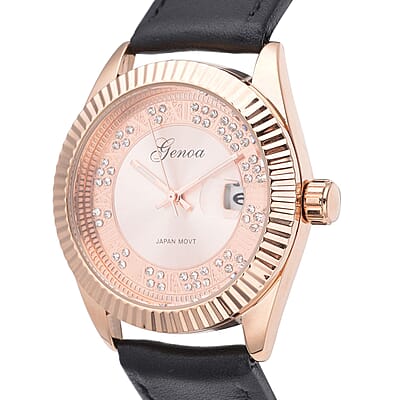 Genoa Simulated Diamond Japanese Movement Watch with Black Genuine Leather Strap (40mm) 0.30 ctw