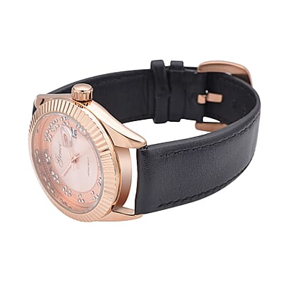 Genoa Simulated Diamond Japanese Movement Watch with Black Genuine Leather Strap (40mm) 0.30 ctw