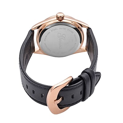 Genoa Simulated Diamond Japanese Movement Watch with Black Genuine Leather Strap (40mm) 0.30 ctw