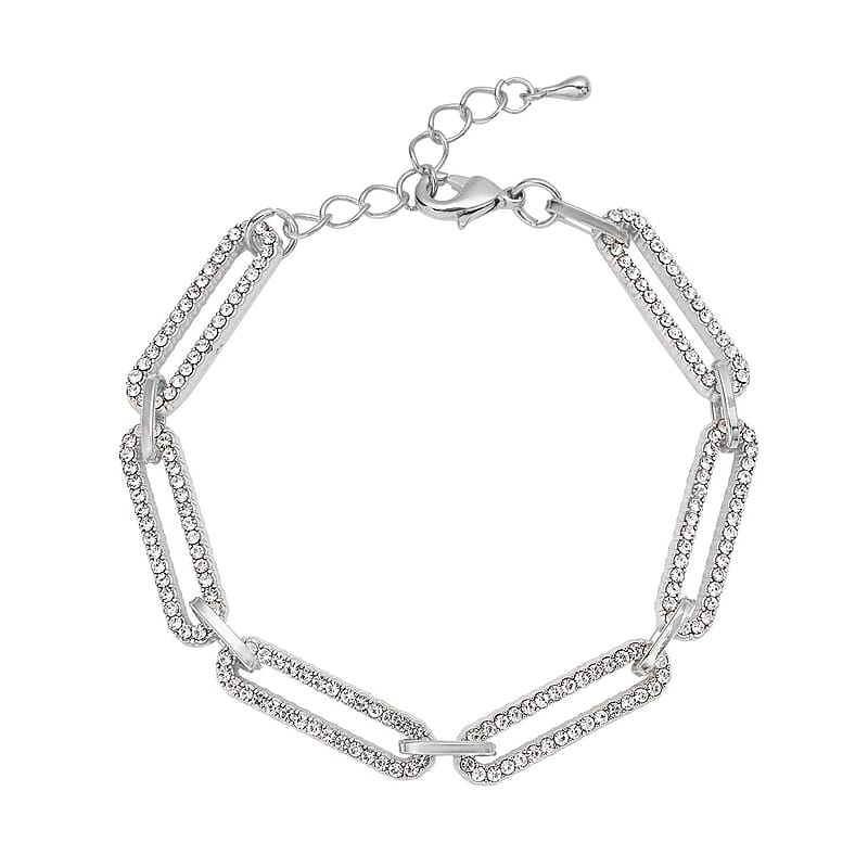 White Austrian Crystal Paper Clip Chain Bracelet in Silvertone (7.50-9.50 Inches)