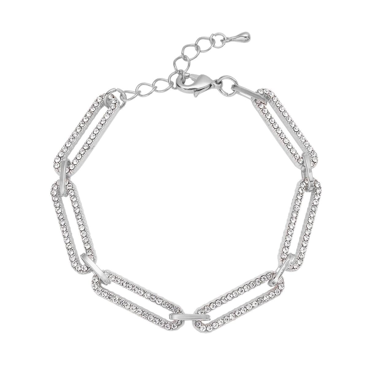 White Austrian Crystal Paper Clip Chain Bracelet in Silvertone (7.50-9.50In) image number 0